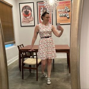 Flamingo print white v-neck dress